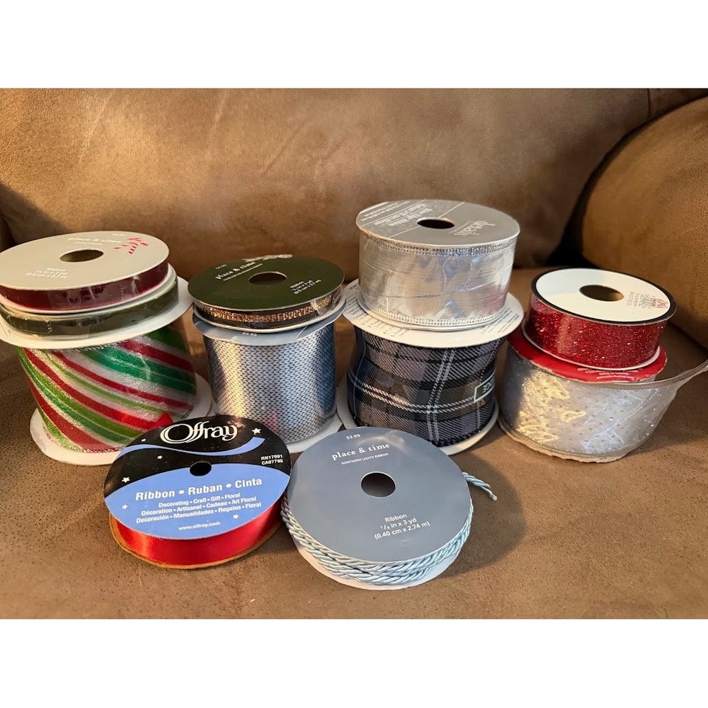 Mixed Craft Ribbon Lot Offray Place & Time Christmas Plaid Glitter Wired Edge